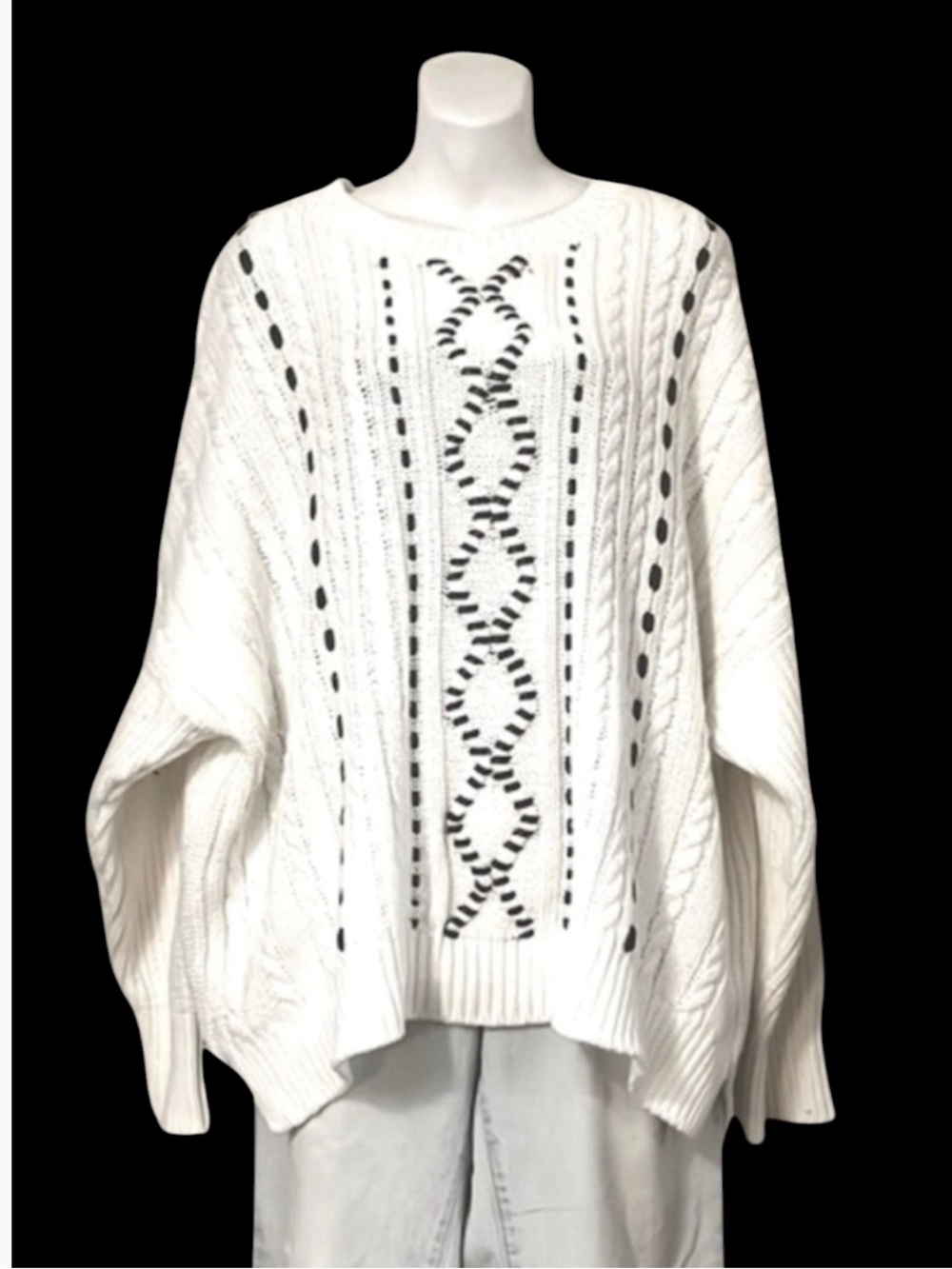 DKNY Long Sleeve Cable-knit Faux Leather Ribbon Embroidered Crewneck Sweater XL